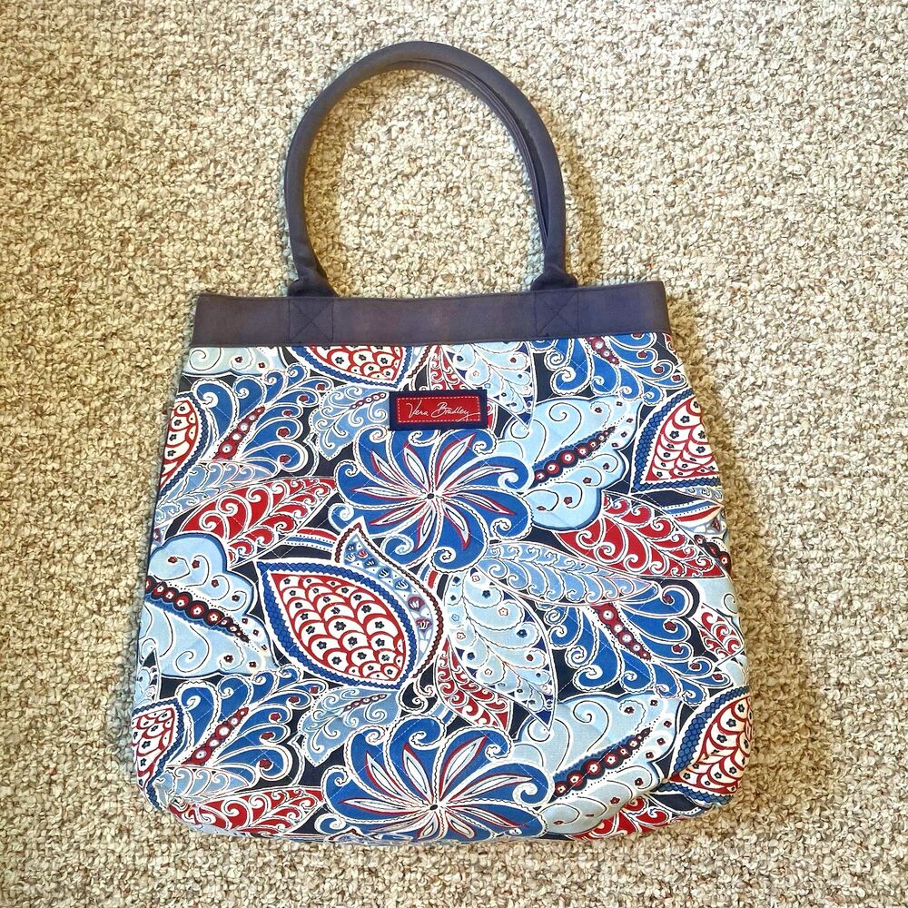 Vera Bradley Seaside Canvas Tote Bag Floral Red White Blue Americana USA Quilted